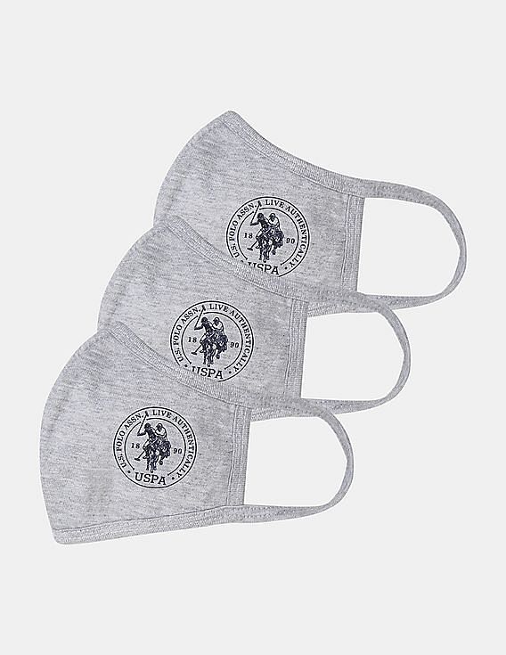 U.S. Polo Assn. Unisex Adults Grey Triple Layer Washable Anti Bacterial Heathered Face Masks - Pack Of 3