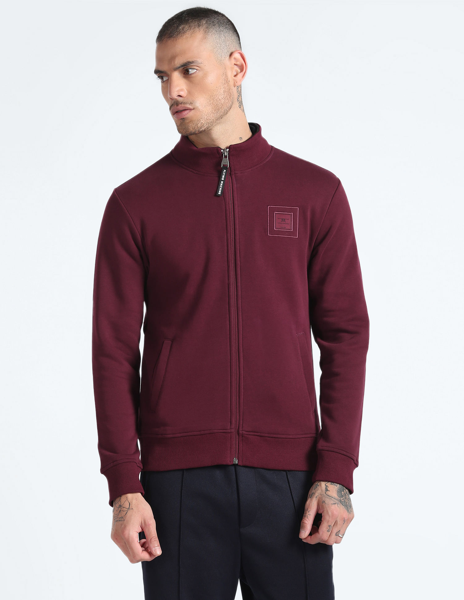 Flying Machine High Neck Solid Sweatshirt