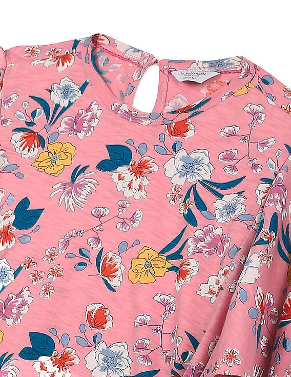U.S. Polo Assn. Kids Girls Pink Butterfly Sleeve Printed Top