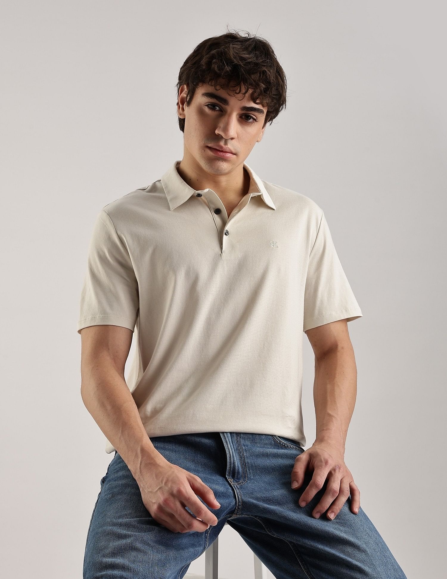 Calvin Klein Jeans Solid Regular-Fit Cotton Polo T-Shirt