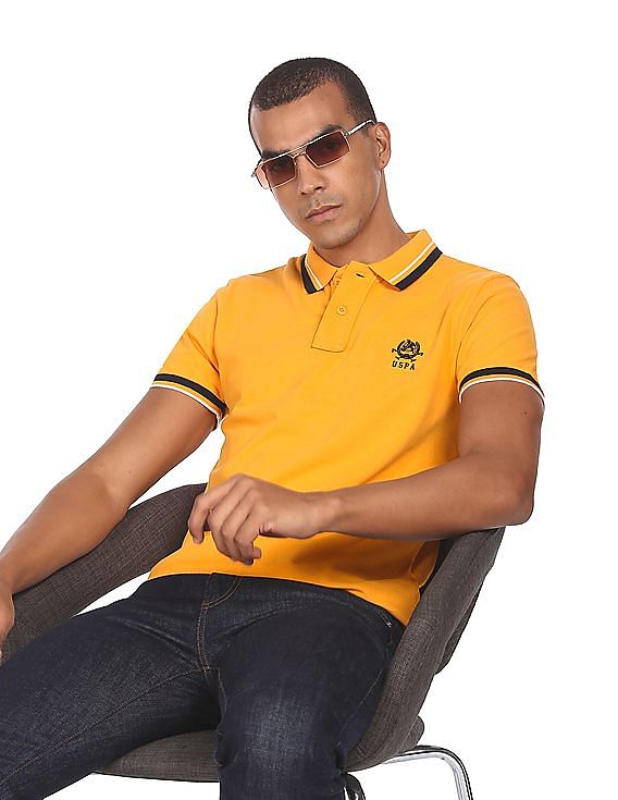 U.S. Polo Assn. Men Mustard Striped Collar Solid Pique Polo Shirt
