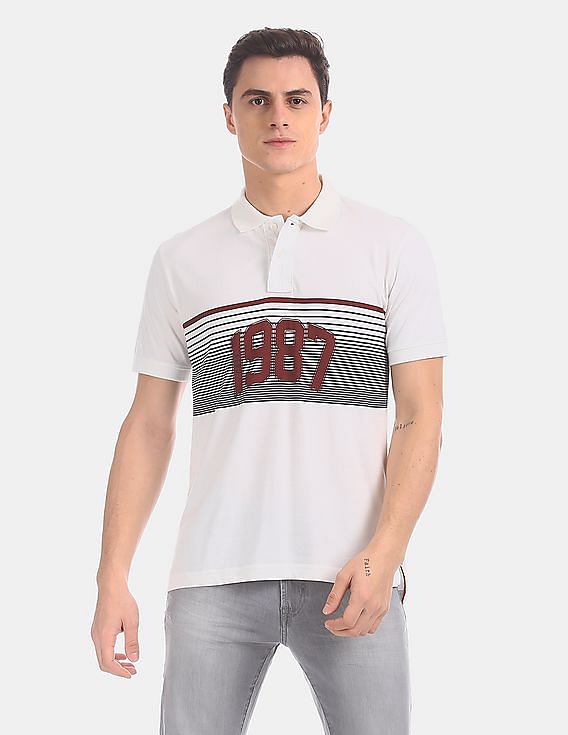 Aeropostale Men White Striped Chest Pique Polo Shirt