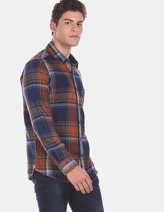 Men Rust And Navy Slim Fit Check Shirt 
