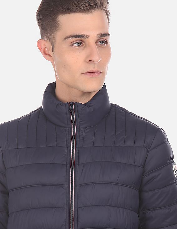 U.S. Polo Assn. Men Navy Stand Collar Quilted Jacket With Pouch