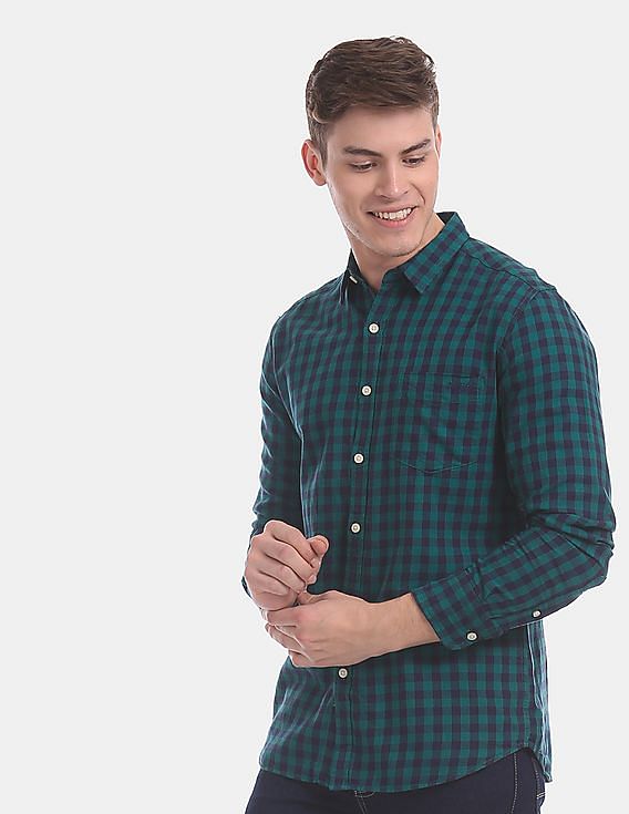 green and navy check shirt