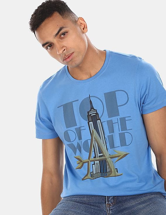 Arrow Sports Men Blue Crew Neck Graphic 