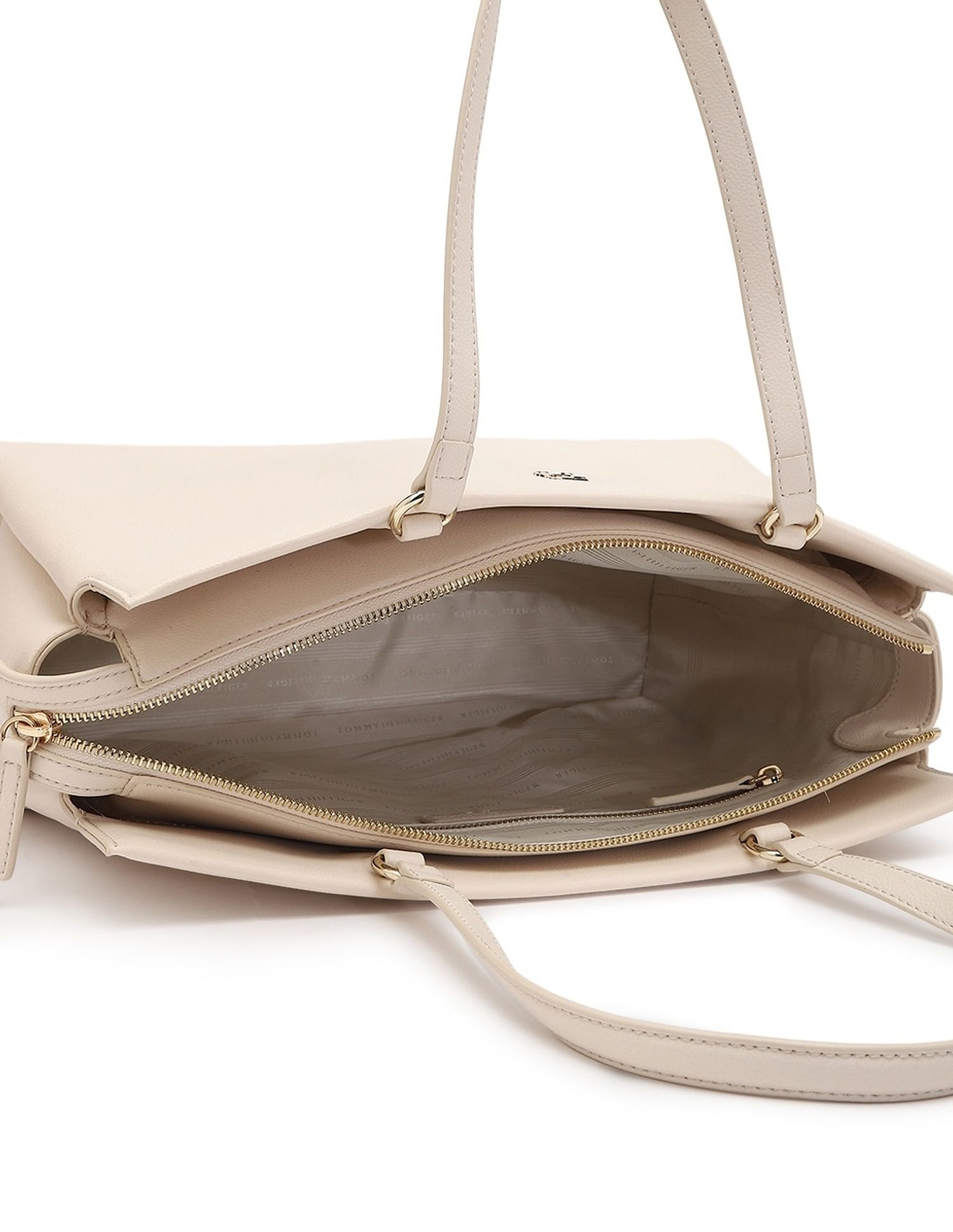 Tommy Hilfiger Solid Beige Polyester Tote Bag