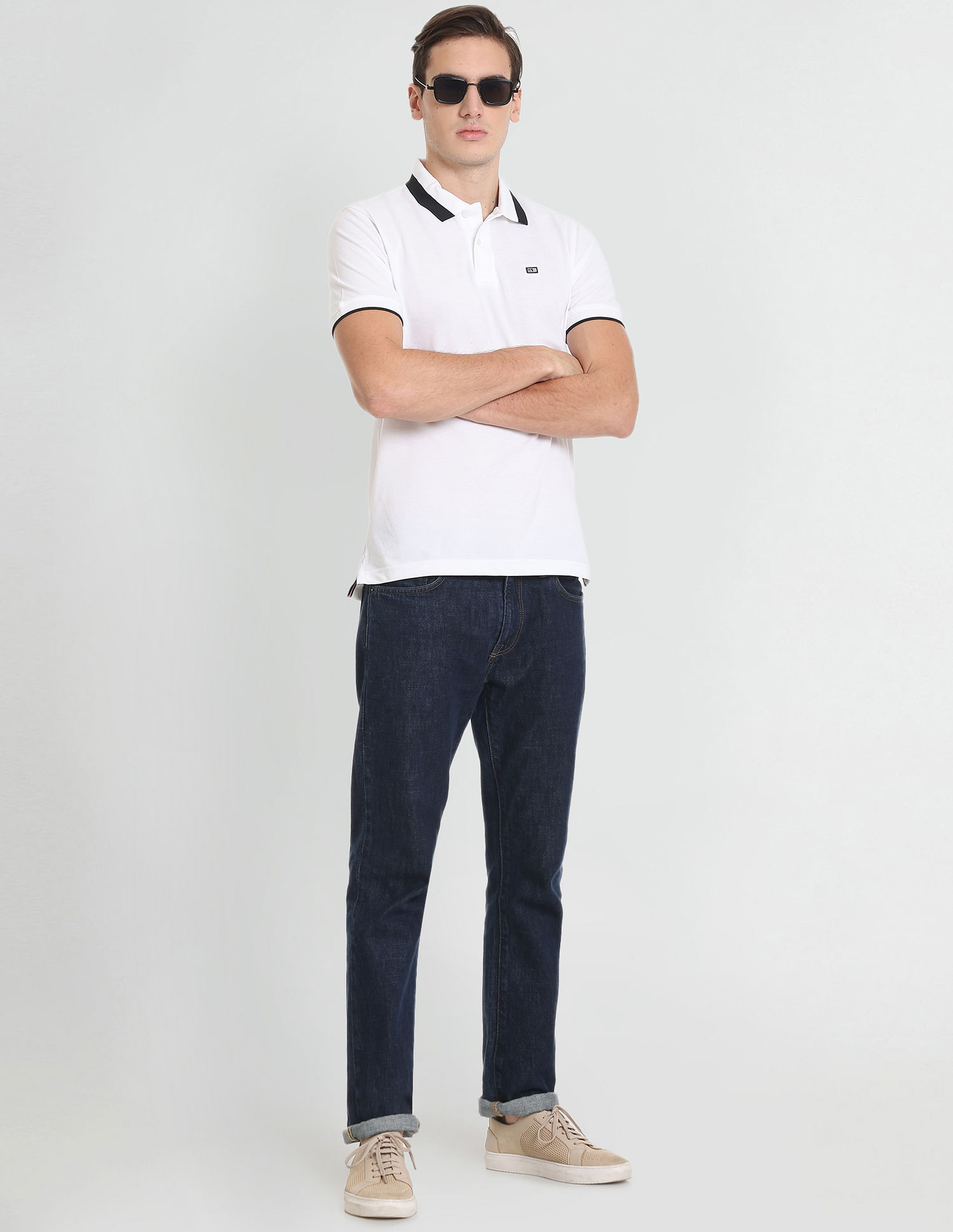 Arrow Sports Striped Collar Solid Pique Polo Shirt