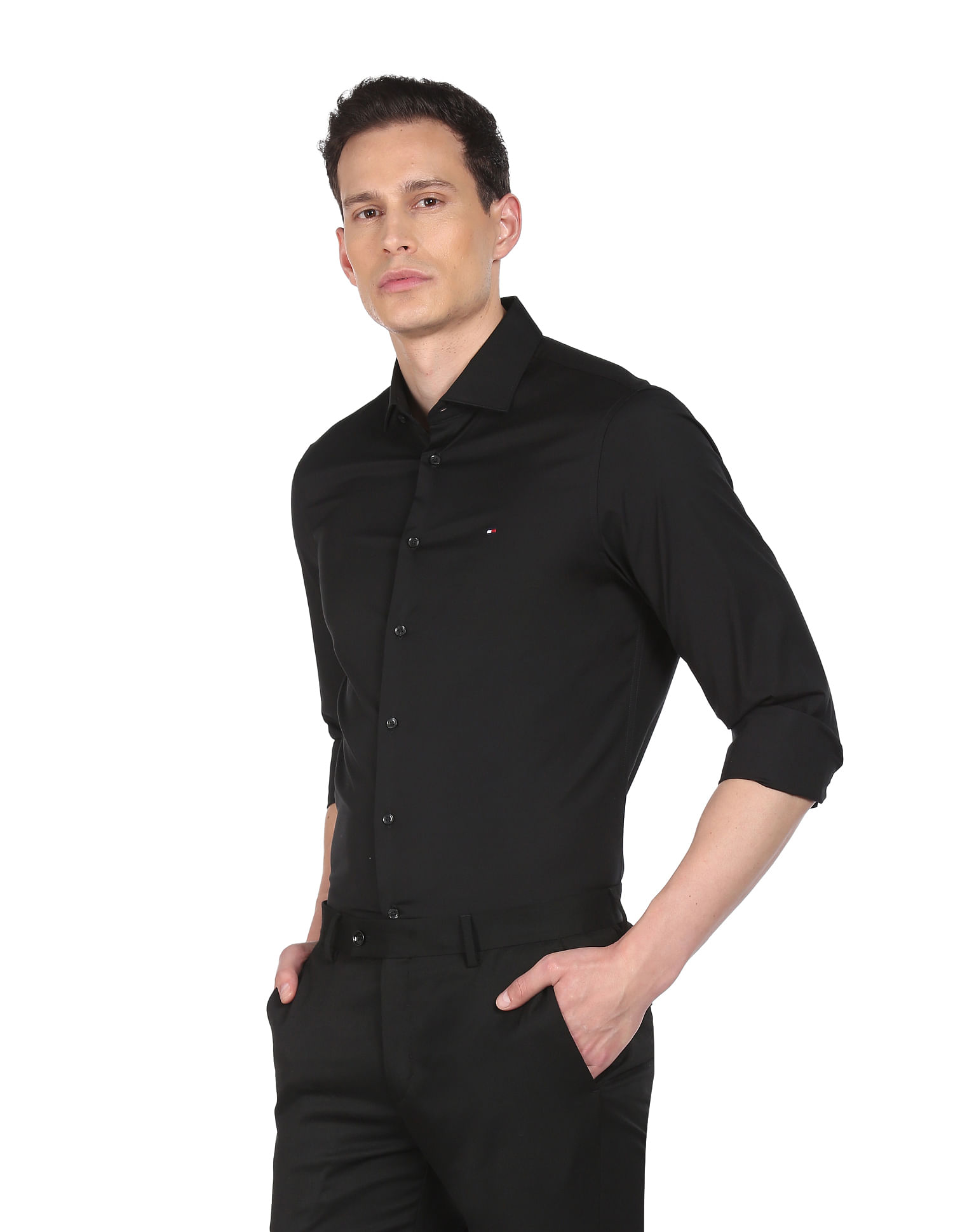 Tommy Hilfiger Men Black Mitered Cuff Solid Slim Fit Formal Shirt