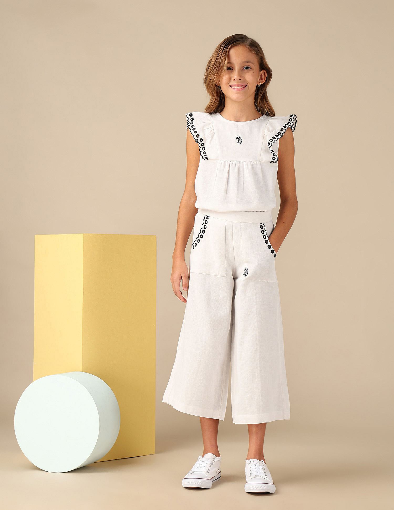 U.S. Polo Assn. Kids Girls Wide Leg Embroidered Trousers