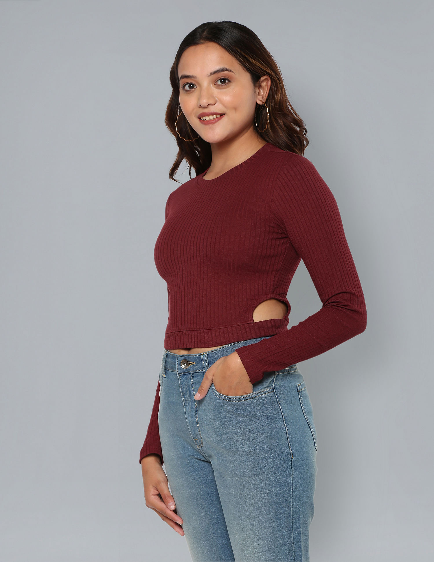 Buy SOLID KNITTED LONG SLEEVE CROP TOP for Women Online in India