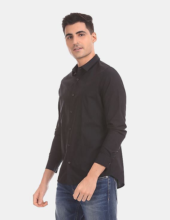Calvin Klein Men Black Slim Fit Long Sleeve Cotton Stretch Casual Shirt