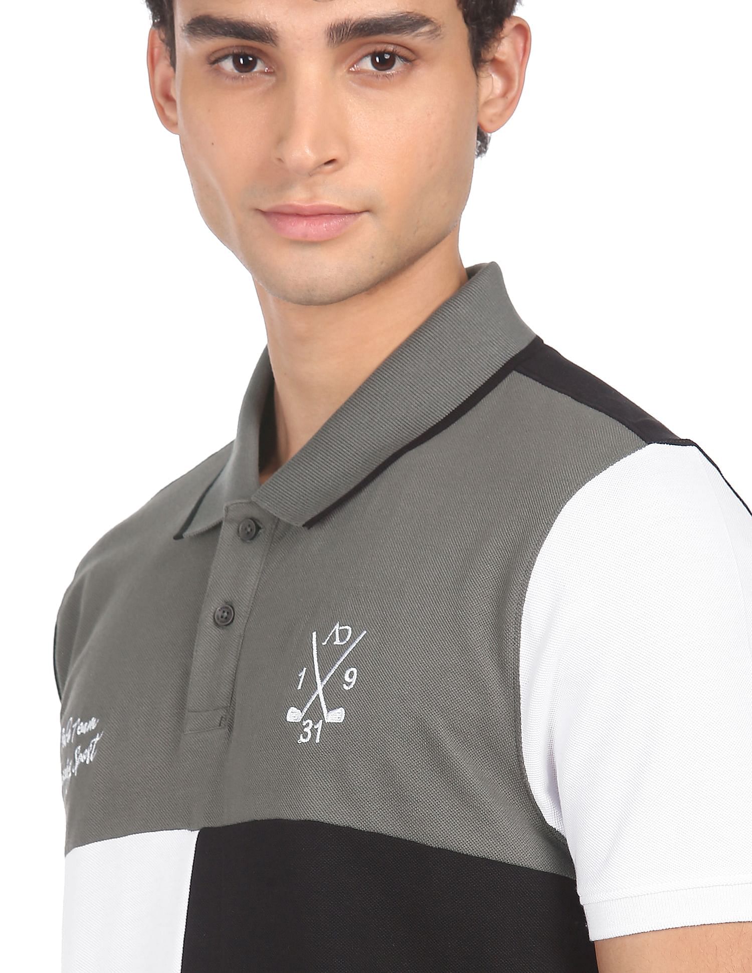 AD by Arvind Cotton Panelled Colour Block Polo Shirt