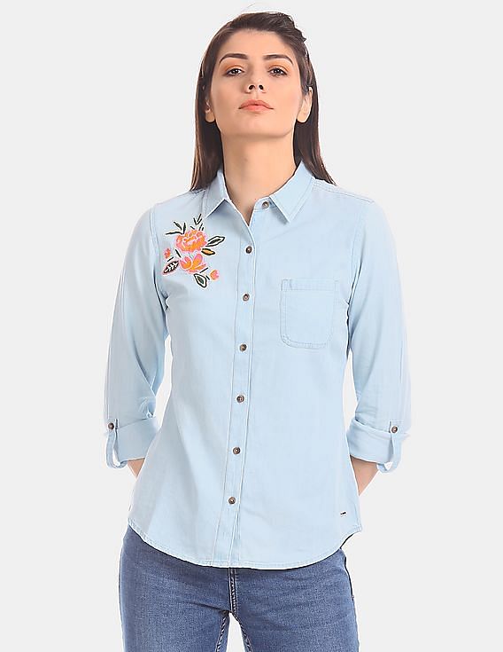U.S. Polo Assn. Women Roll Up Sleeve Spread Collar Embroidered Shirt