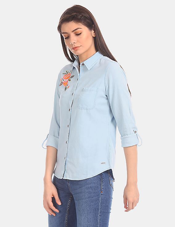 U.S. Polo Assn. Women Roll Up Sleeve Spread Collar Embroidered Shirt