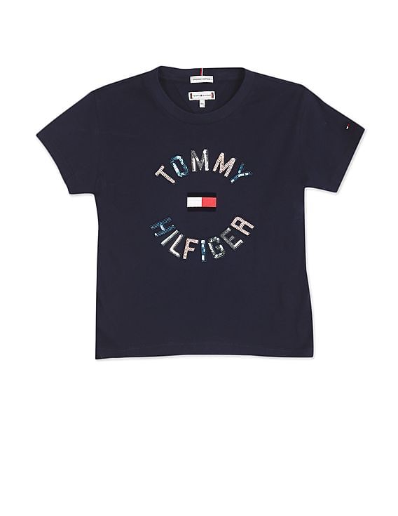 Buy Tommy Hilfiger Kids Girls Navy Crew Neck Sequence Logo T-Shirt