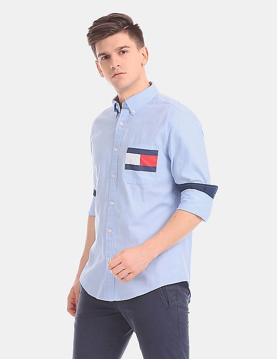 Buy Tommy Hilfiger Men Blue Patch Pocket Button Down Collar Oxford Casual  Shirt - NNNOW.com