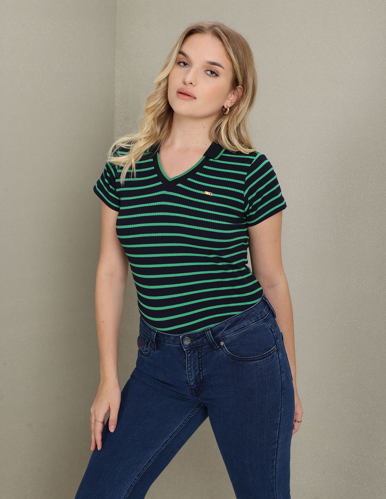 U.S. Polo Assn. Women Horizontal Stripe Ribbed Polo Shirt