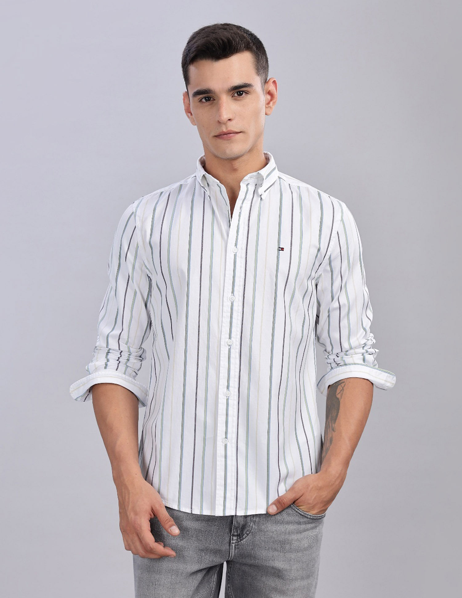 Tommy Hilfiger Striped Regular Fit Plain Woven Shirt