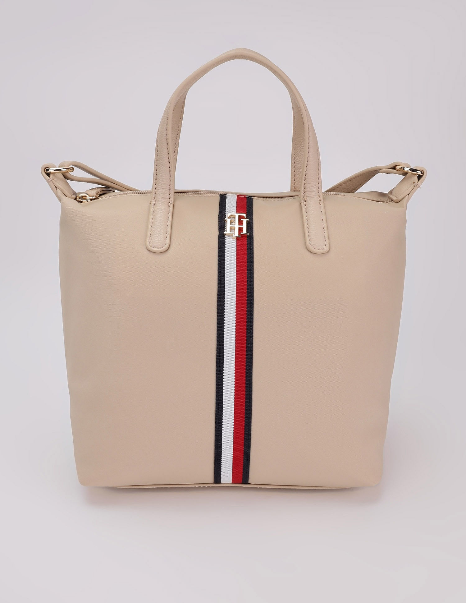 Tommy Hilfiger Solid Beige Nylon Handbag