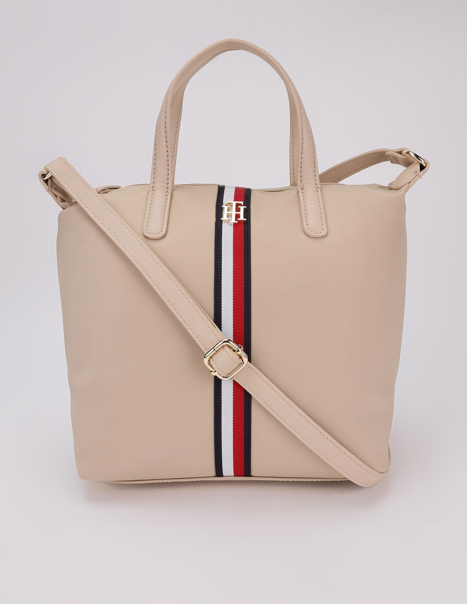 Tommy Hilfiger Solid Beige Nylon Handbag
