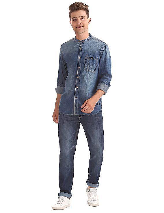 Flying Machine Mandarin Collar Washed Denim Shirt