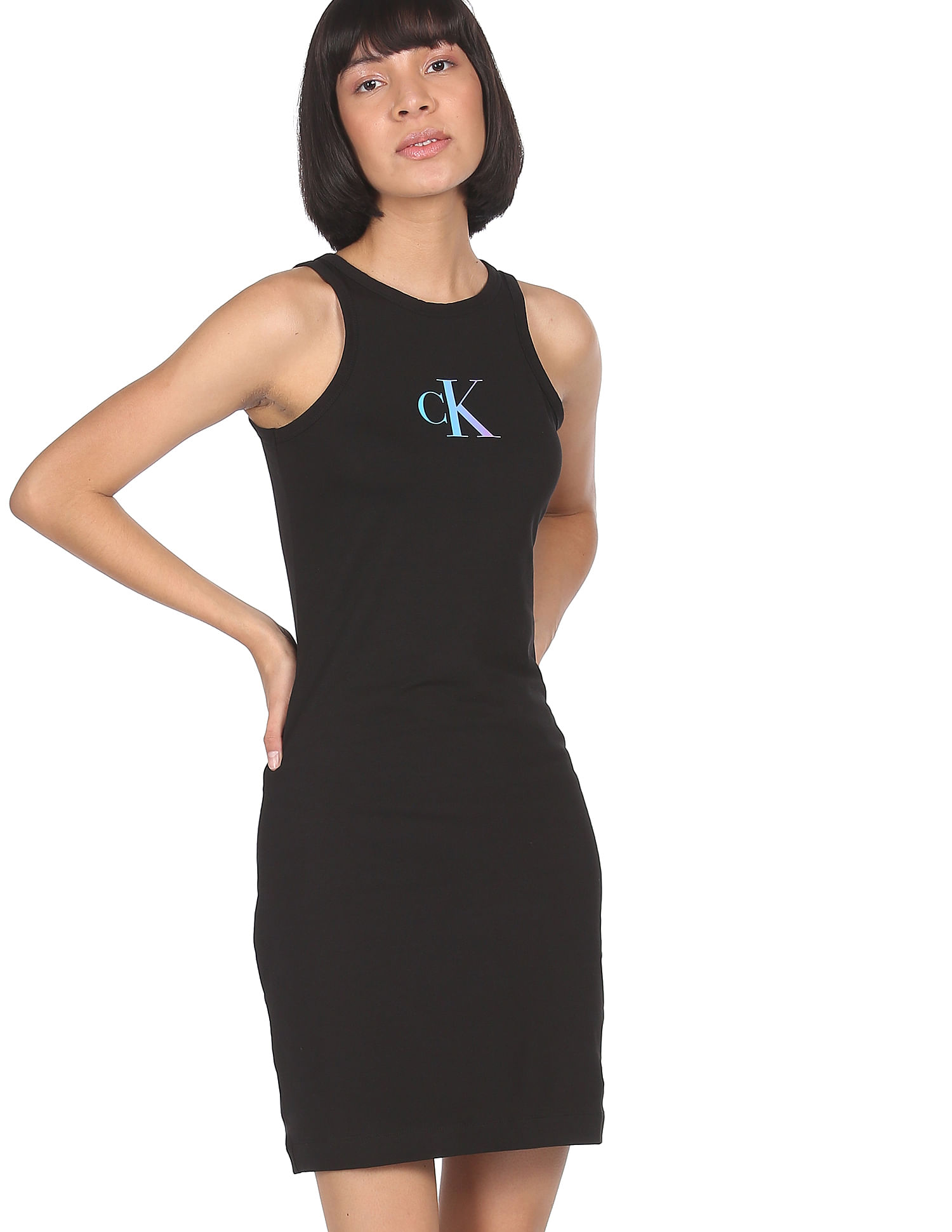 Buy Calvin Klein Jeans Women Black Gradient Logo Racerback Bodycon Dress