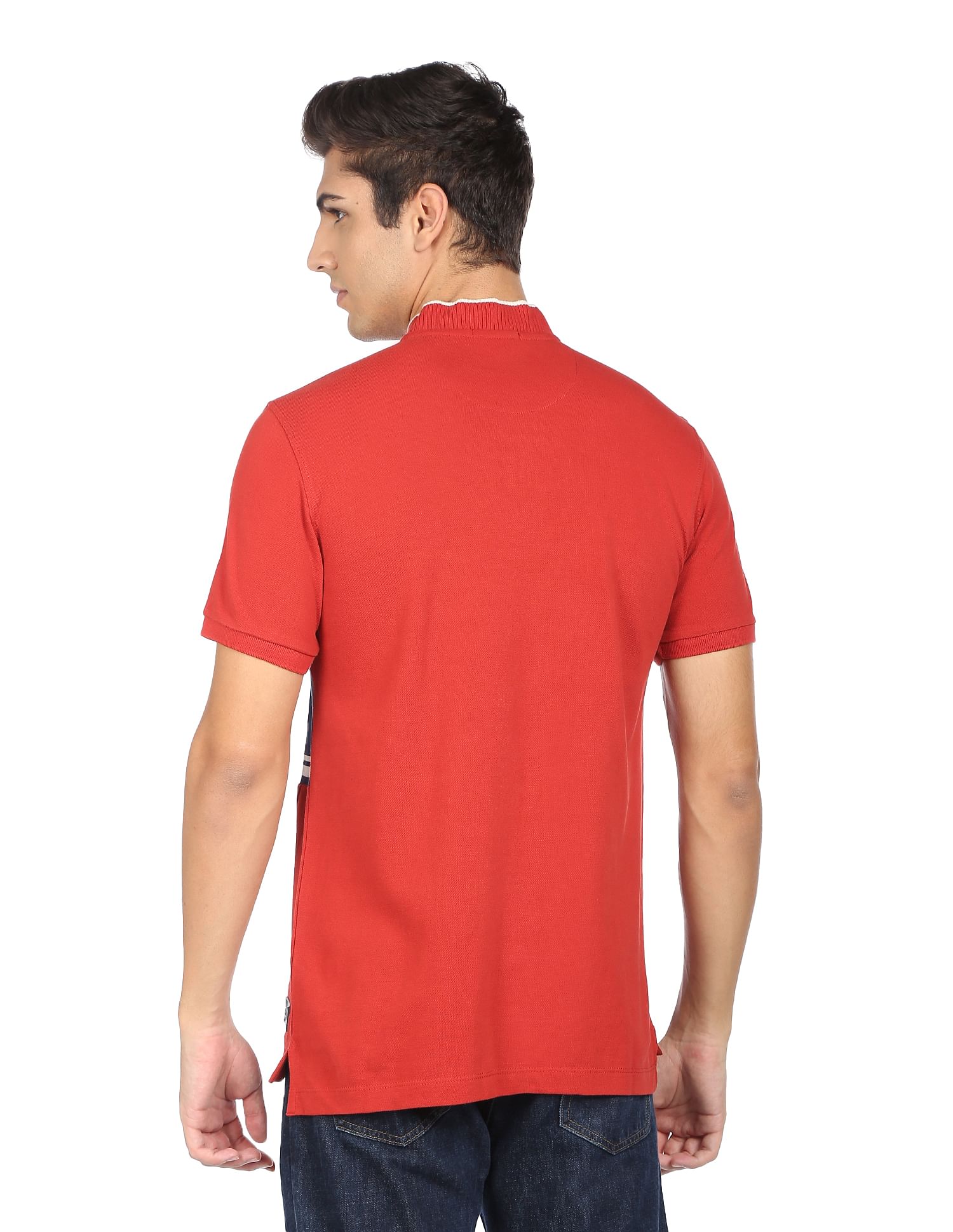 Flying Machine Mock Neck Horizontal Stripe Cotton T-Shirt