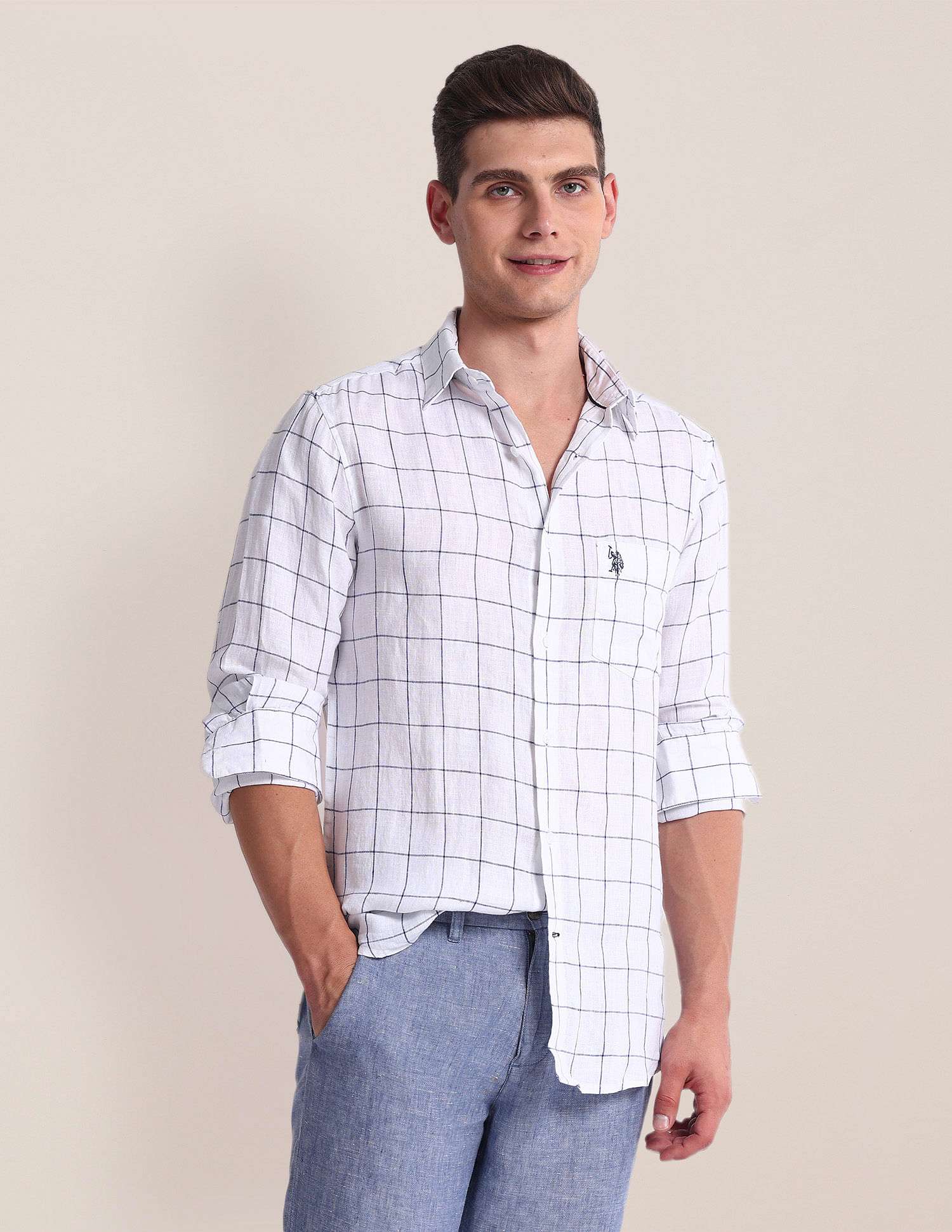 U.S. Polo Assn. Windowpane Check Tailored Fit Linen Shirt