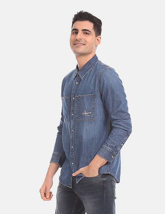 Calvin Klein Men Dark Blue Washed Iconic Denim Double Patch Pocket Casual Shirt