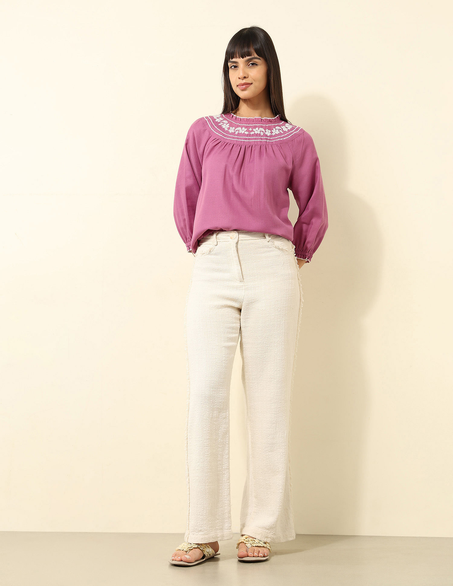 U.S. Polo Assn. Women Yoke Embroidered Frill Top