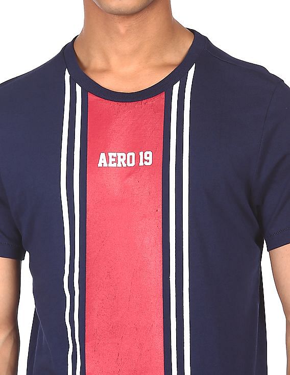 Aeropostale Men Navy Crew Neck Striped T-Shirt