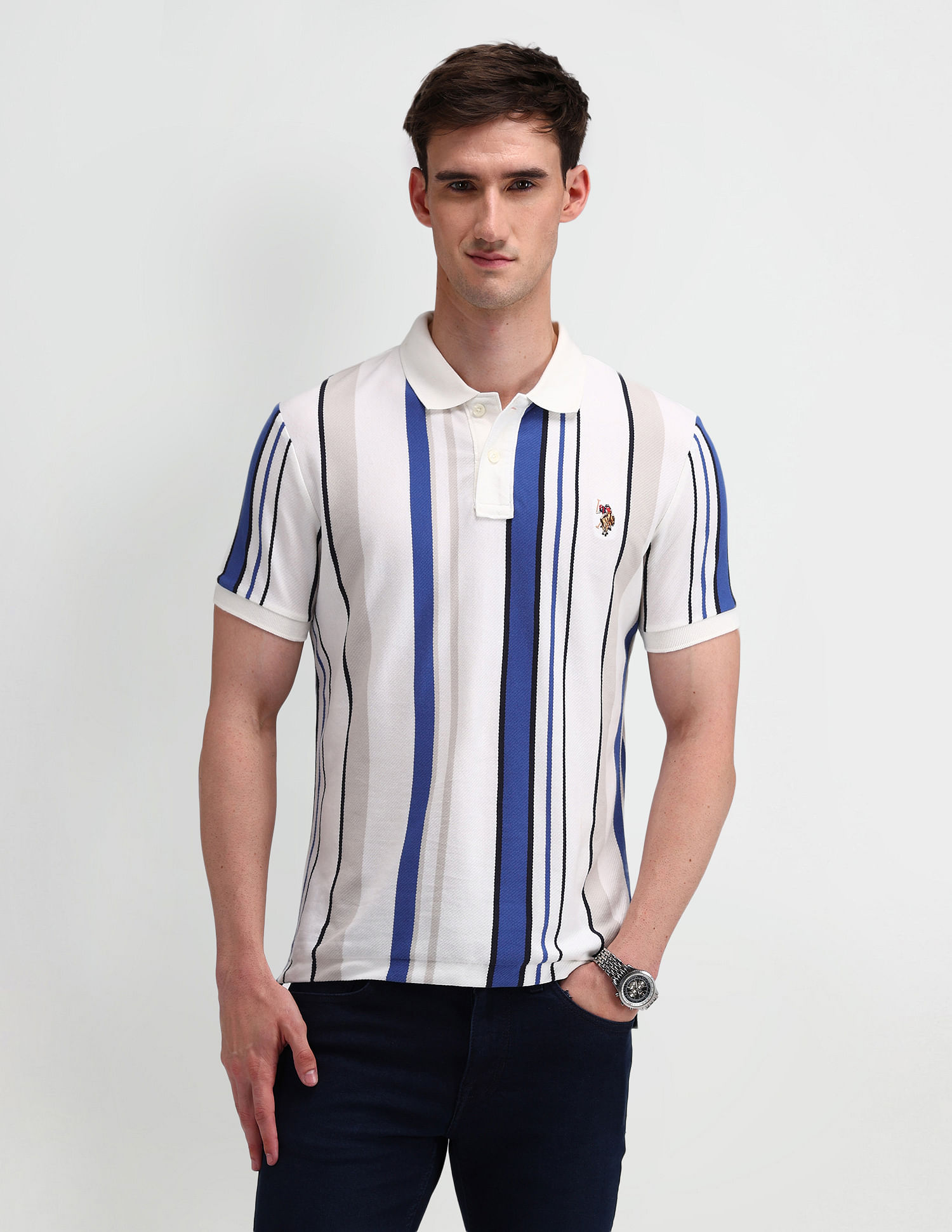 U.S. Polo Assn. Denim Co. Muscle Fit Vertical Striped Polo Shirt