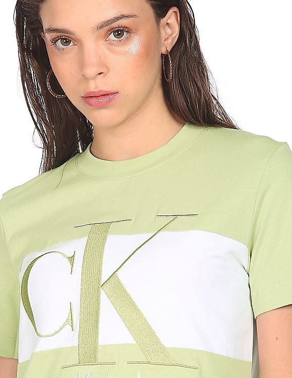 Calvin Klein Women Light Green Colour Block Logo T-Shirt Dress