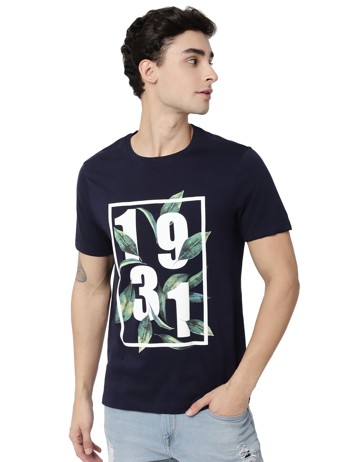 AD by Arvind Crew Neck Graphic Print Cotton T-Shirt