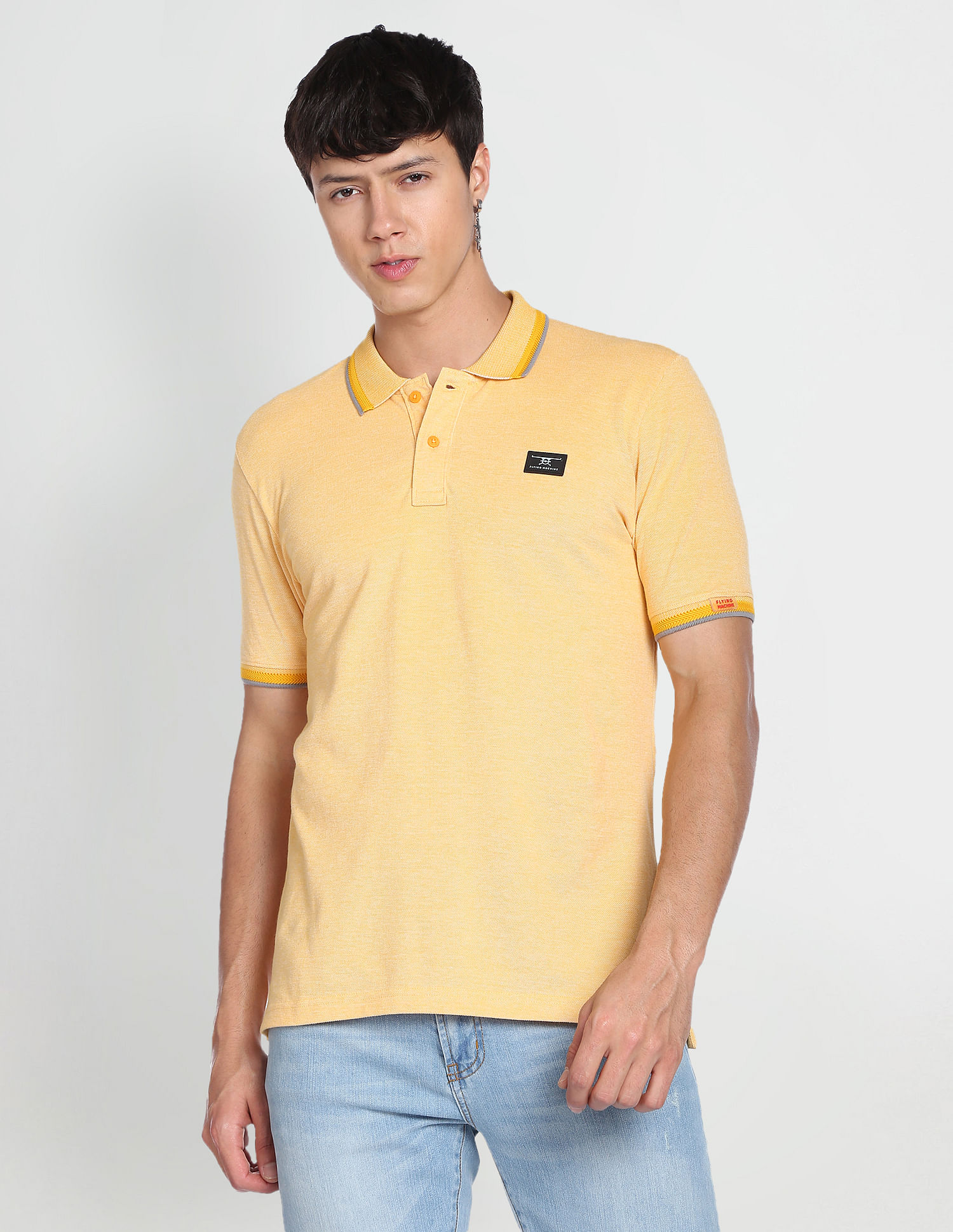 Flying Machine Striped Collar Solid Polo Shirt