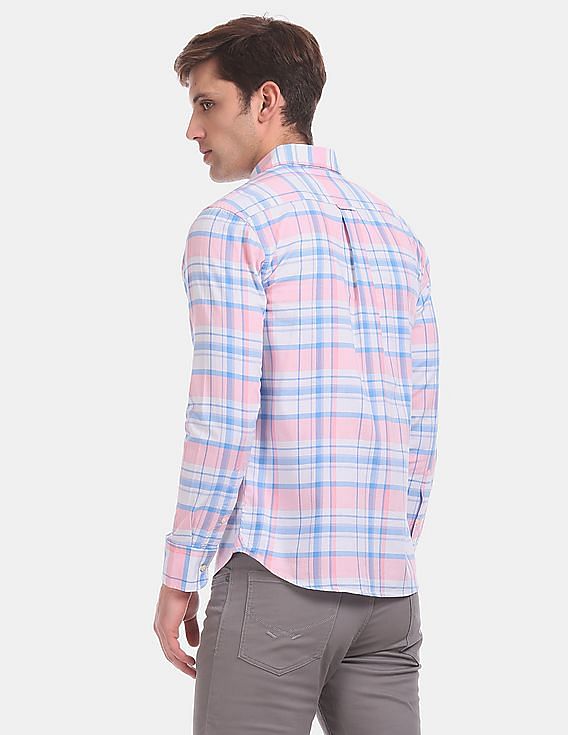 Pastel Pink Plaid Mens Dress Shirts Long Sleeve  