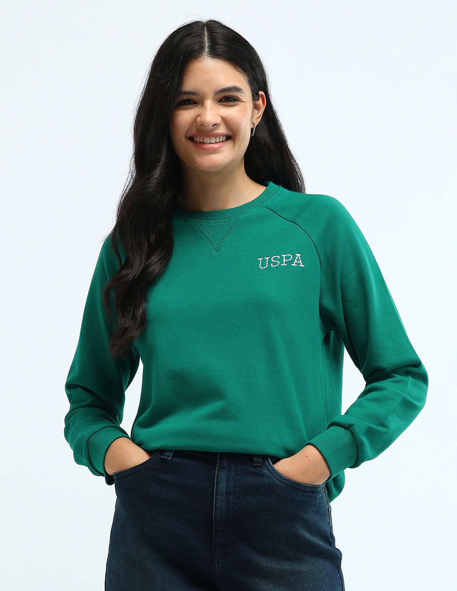 U.S. Polo Assn. Women Crew Neck Raglan Sleeve Solid Sweatshirt