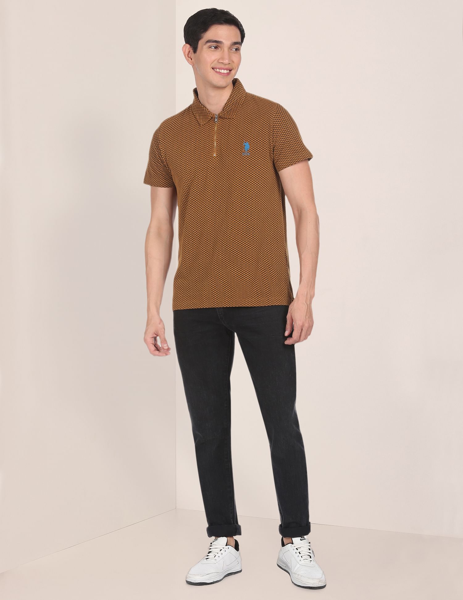 U.S. Polo Assn. Zipper Placket Checked Polo Shirt