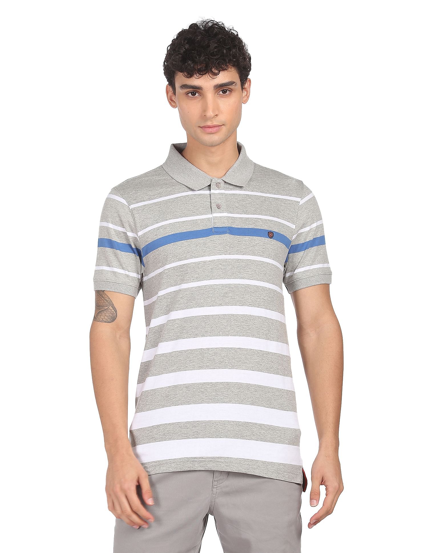 AD by Arvind Cotton Horizontal Striped Polo Shirt
