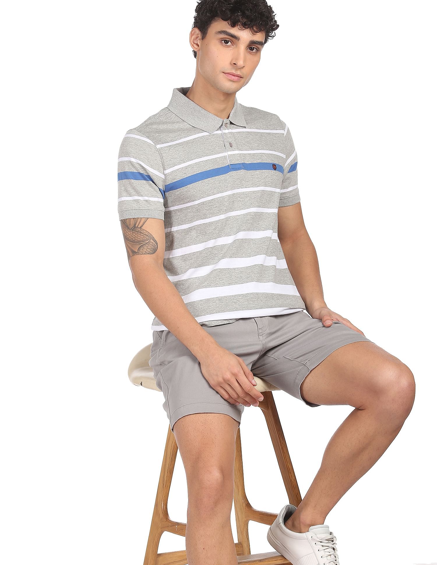 AD by Arvind Cotton Horizontal Striped Polo Shirt
