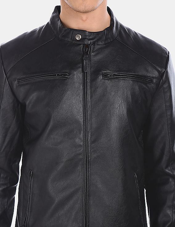 U.S. Polo Assn. Men Black Mandarin Collar Solid Biker Jacket