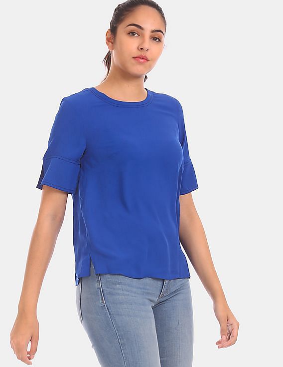 Tommy Hilfiger Women Blue Round Neck Solid Woven Top