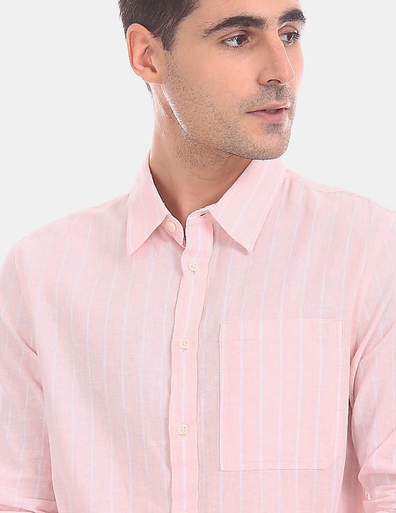 Calvin Klein Men Pink Striped Regular Fit Cotton Shirt