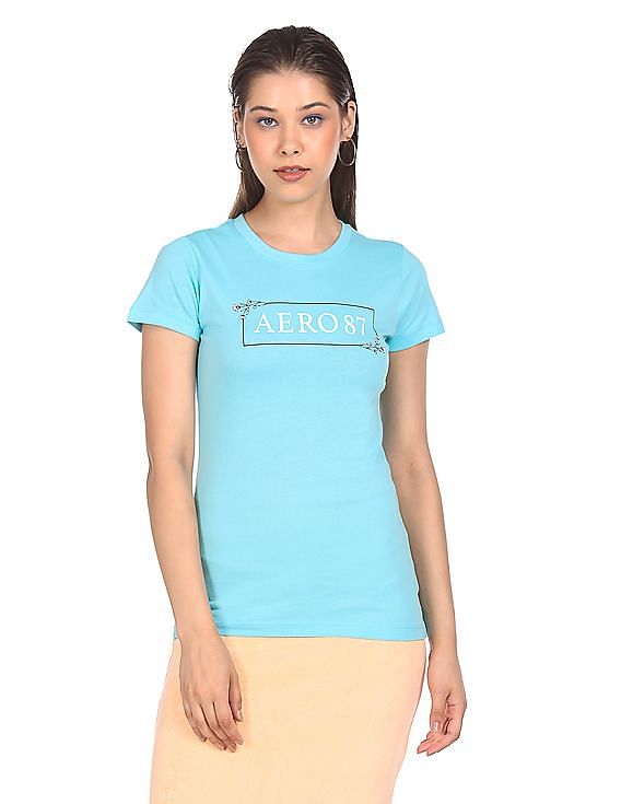 Aeropostale Women Aqua Crew Neck Brand Print T-Shirt