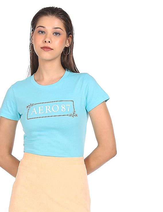 Aeropostale Women Aqua Crew Neck Brand Print T-Shirt