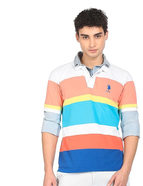 Blue Cotton Striped Polo Shirt 