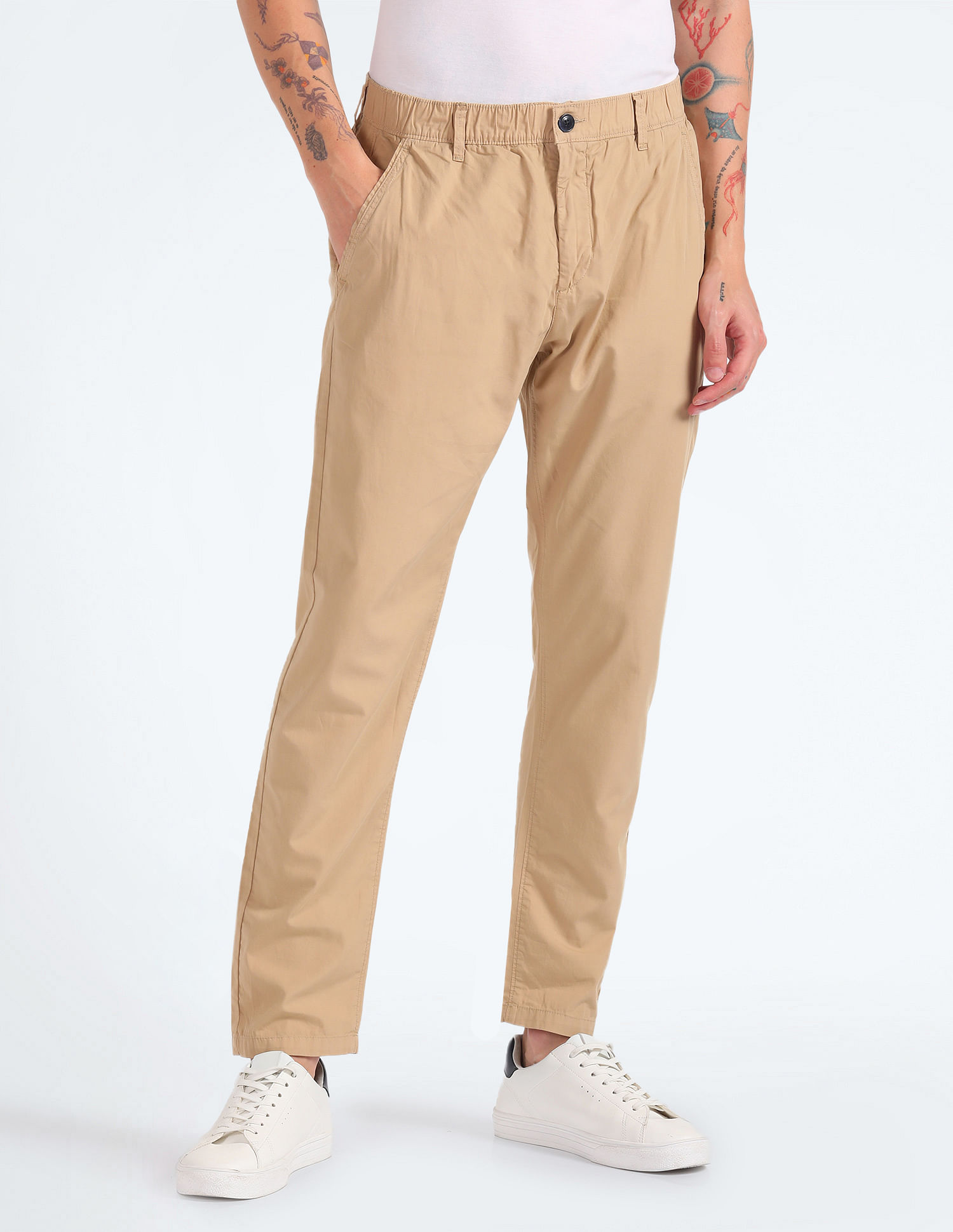 Flying Machine Elasticised Waist Solid Trousers