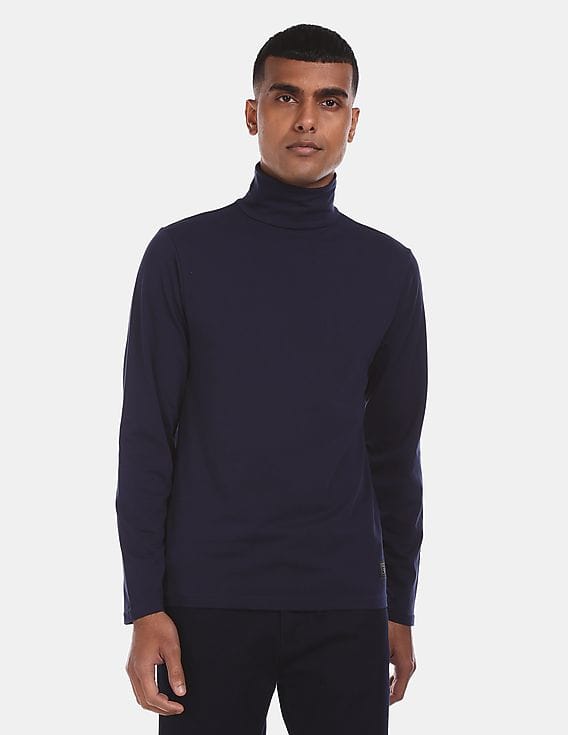 Men Navy Turtleneck Solid T-Shirt 