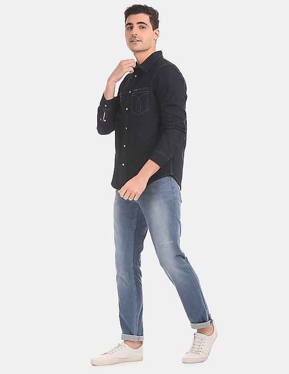 Calvin Klein Men Dark Blue Long Sleeve Utility Denim Casual Shirt